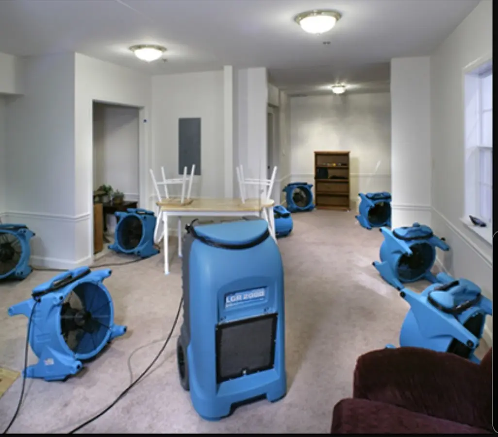 Air movers and dehumidifier setup for Water Damage Restoration in Jamesburg